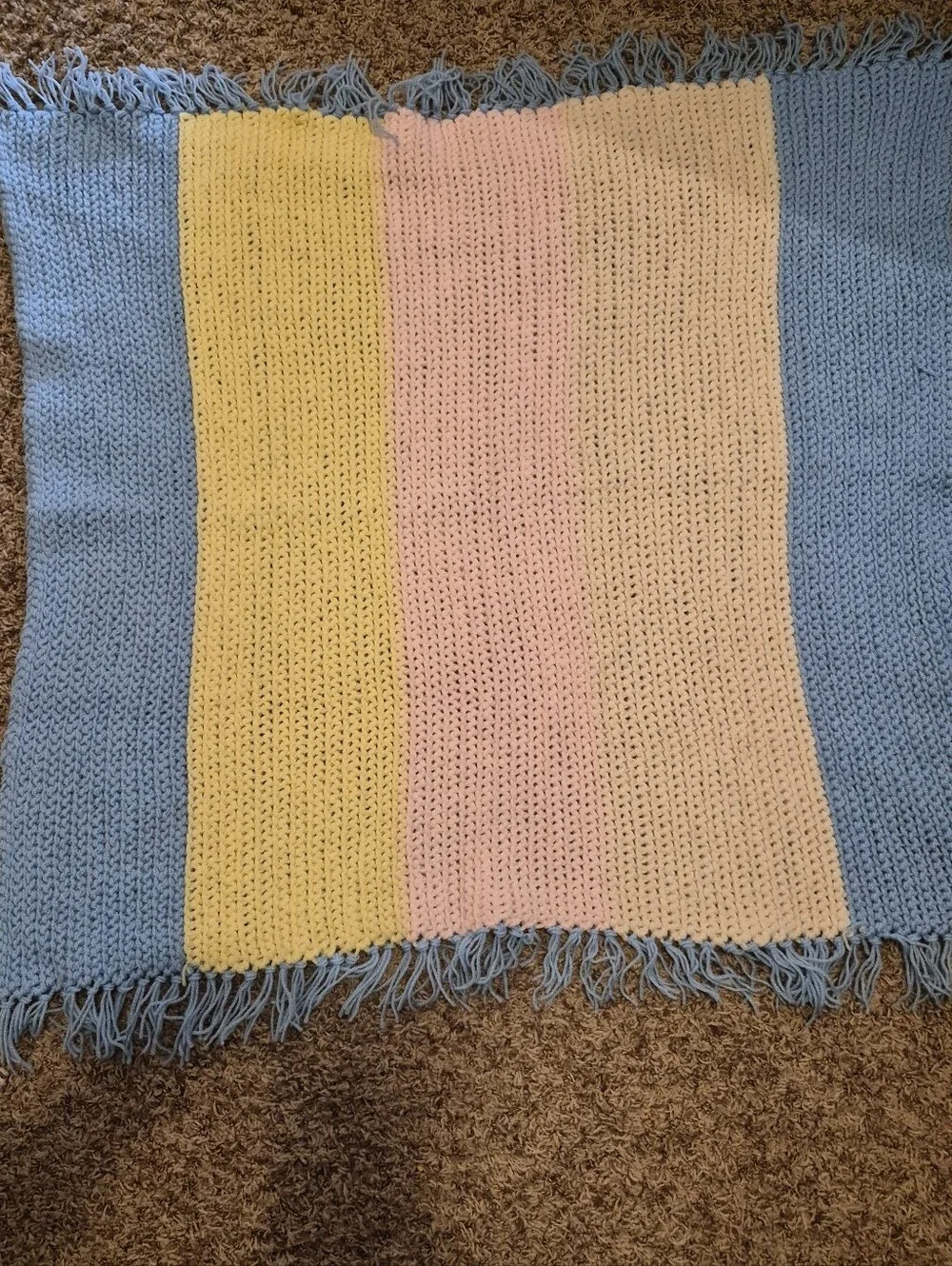 2 Twin Handmade Pastel Striped Baby Afghans with Soft Fringe Edging